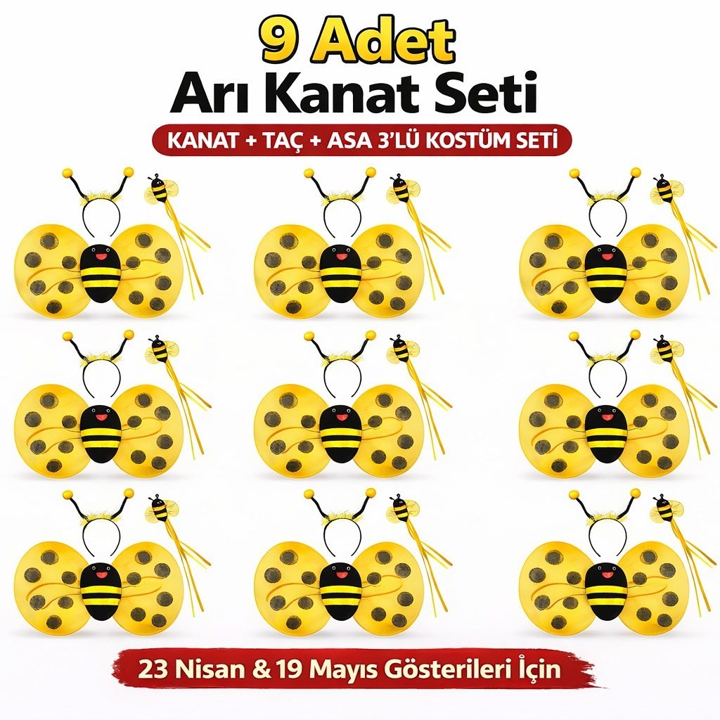9’lu Arı Kostüm Seti – Kanat Taç Asa (5293)