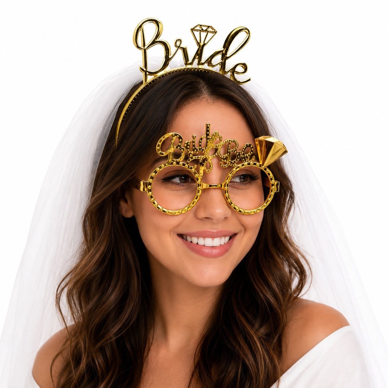 Bride Yazılı Gold Taç ve Parti Gözlüğü Seti (5293)