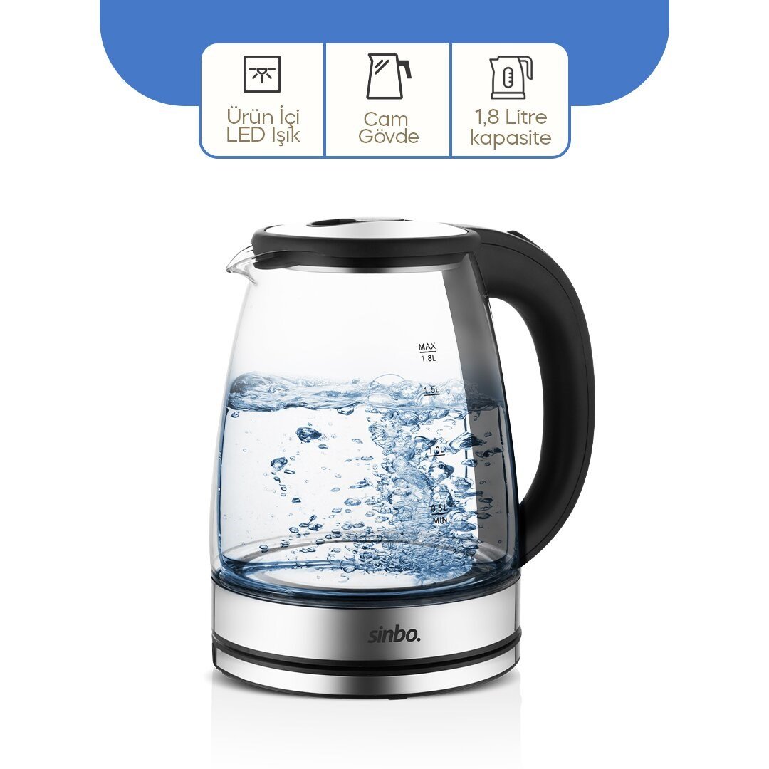 CAM - LEDLİ KETTLE 1.8LT  GİZLİ REZİSTANS - KABLOSUZ 360 DERECE GÖVDE 1500W SK-8033 (5293)