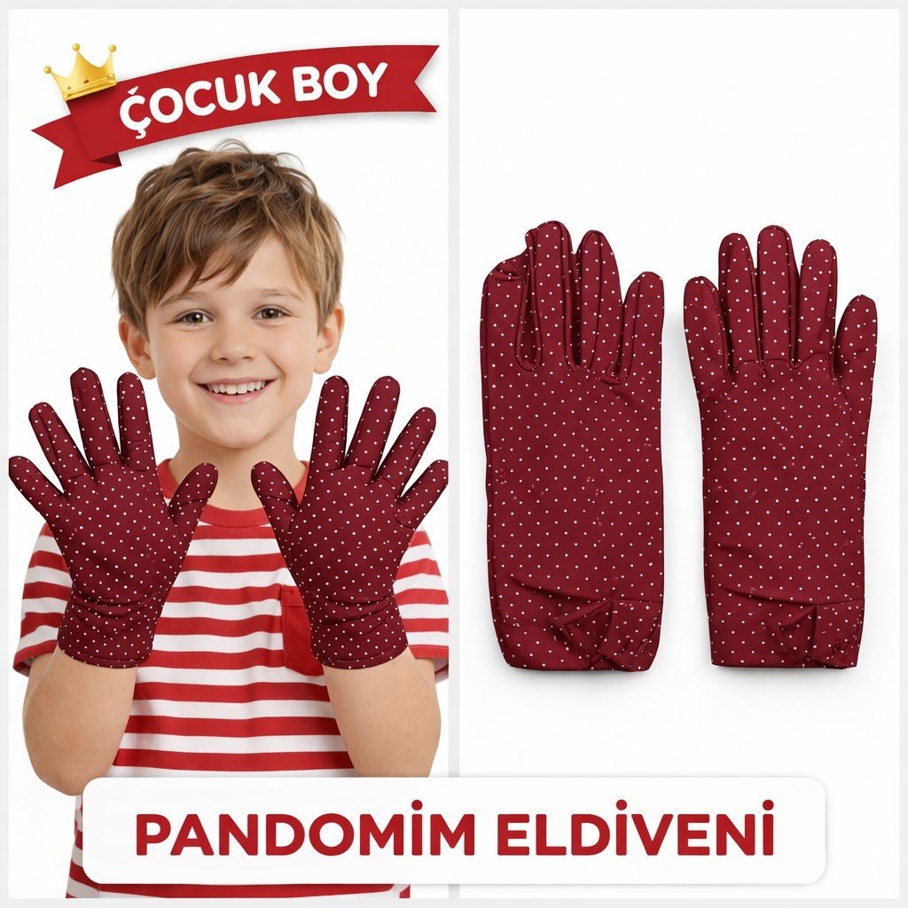 Çocuk Boy Pandomim Eldiveni Beyaz Puantiyeli Bordo Renk Gösteri Eldiveni 23 Nisan 19 Mayıs (5293)