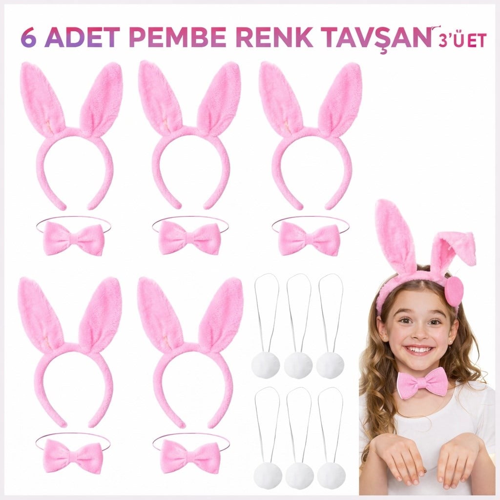 Full Pembe Renk Tavşan Sahne Seti 6'lı Set Taç Papyon Kuyruk (5293)