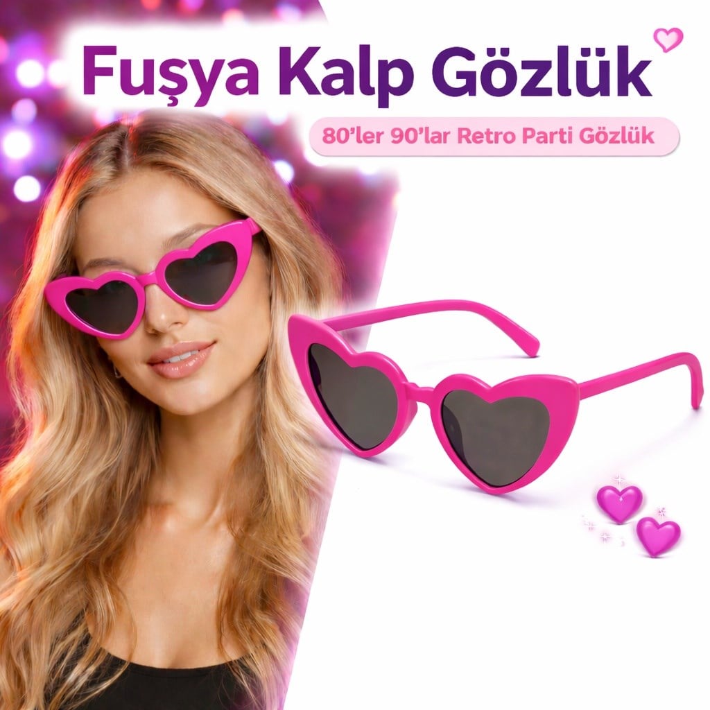 Fuşya Pembe Retro Kalp Gözlük – 80’ler 90’lar Stil Parti Gözlüğü (5293)