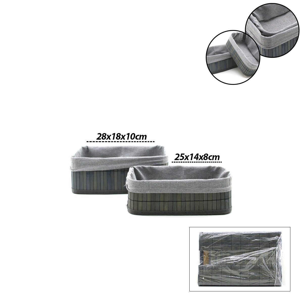 GRİ 2 BOY D.DÖRTGEN BAMBU KENAR ORGANİZER SEPET AHŞAP ALTLIK - BEZLİ 25X14-28X18CM (5293)
