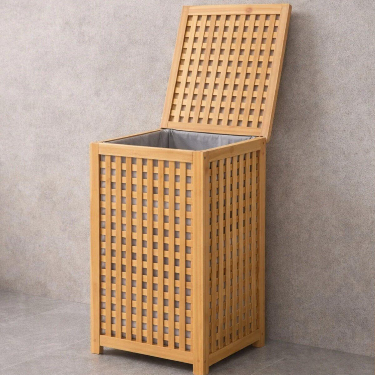 KALIN AHŞAP BAMBU KİRLİ ÇAMAŞIR SEPETİ KUMAŞ ÇANTALI SEPET=40X40X58CM (5293)