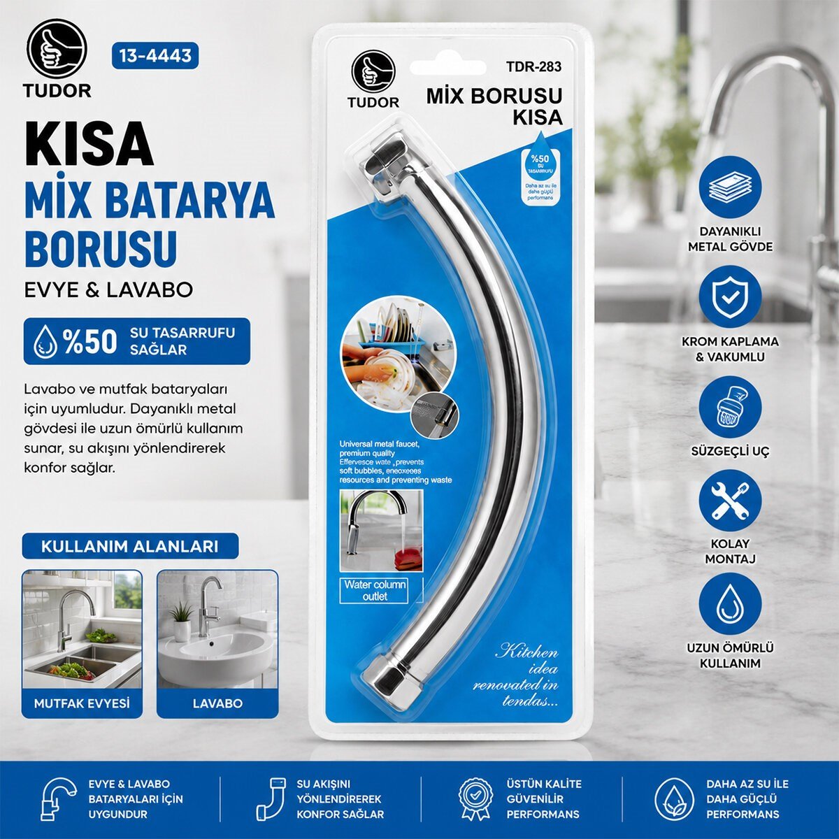 KUĞU EVYE - LAVABO KISA MİX BATARYA BORUSU KROM KAPLAMA - VAKUMLU - SÜZGEÇLİ UÇ (5293)
