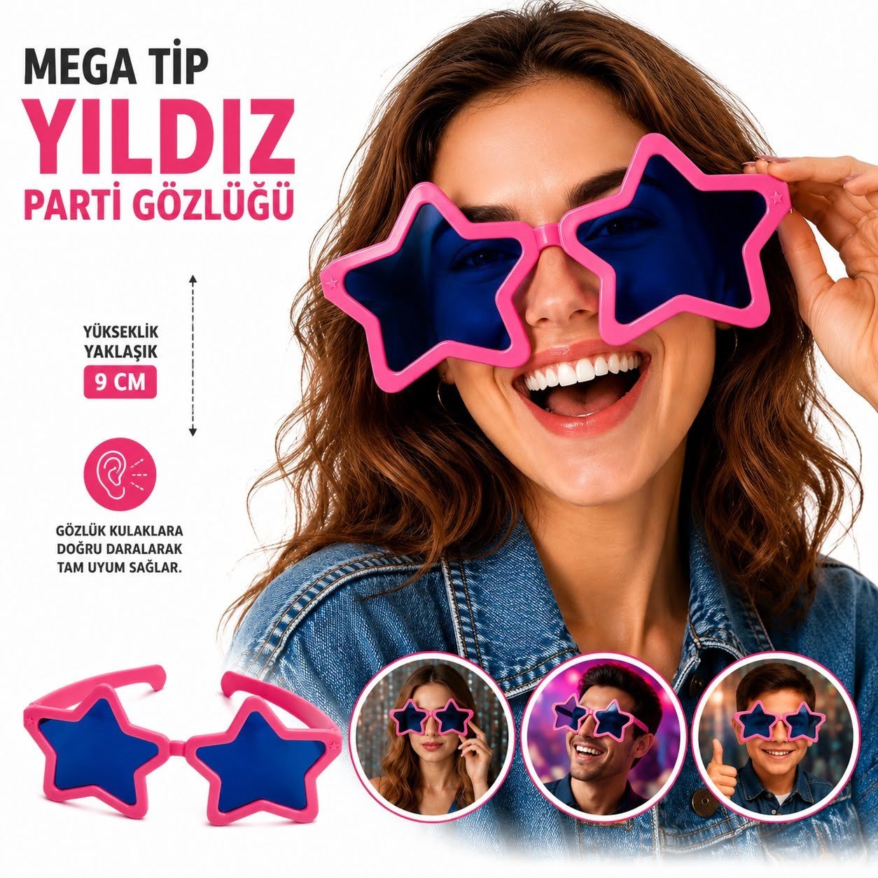 Mega Tip Yıldız Parti Gözlüğü Pembe Renk (5293)
