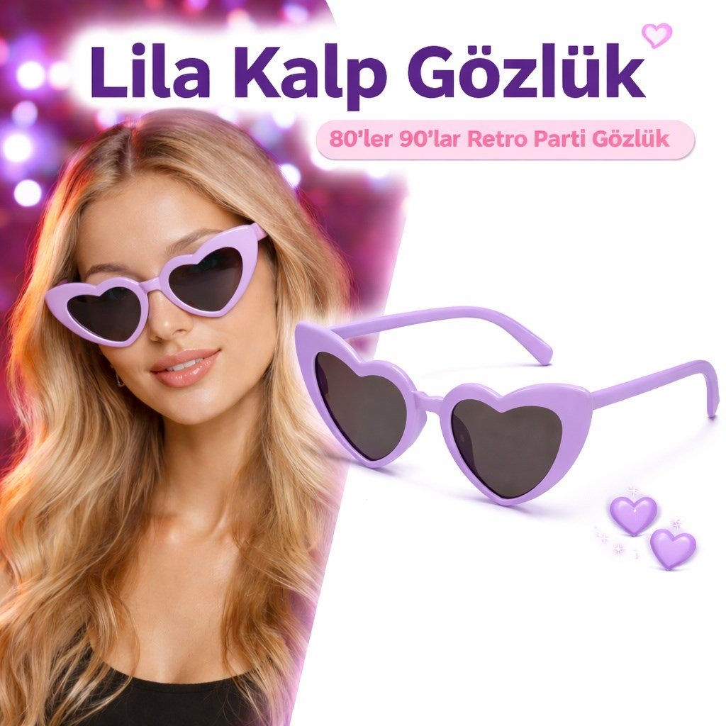 Mor Lila Retro Kalp Gözlük – 80’ler 90’lar Stil Parti Gözlüğü (5293)
