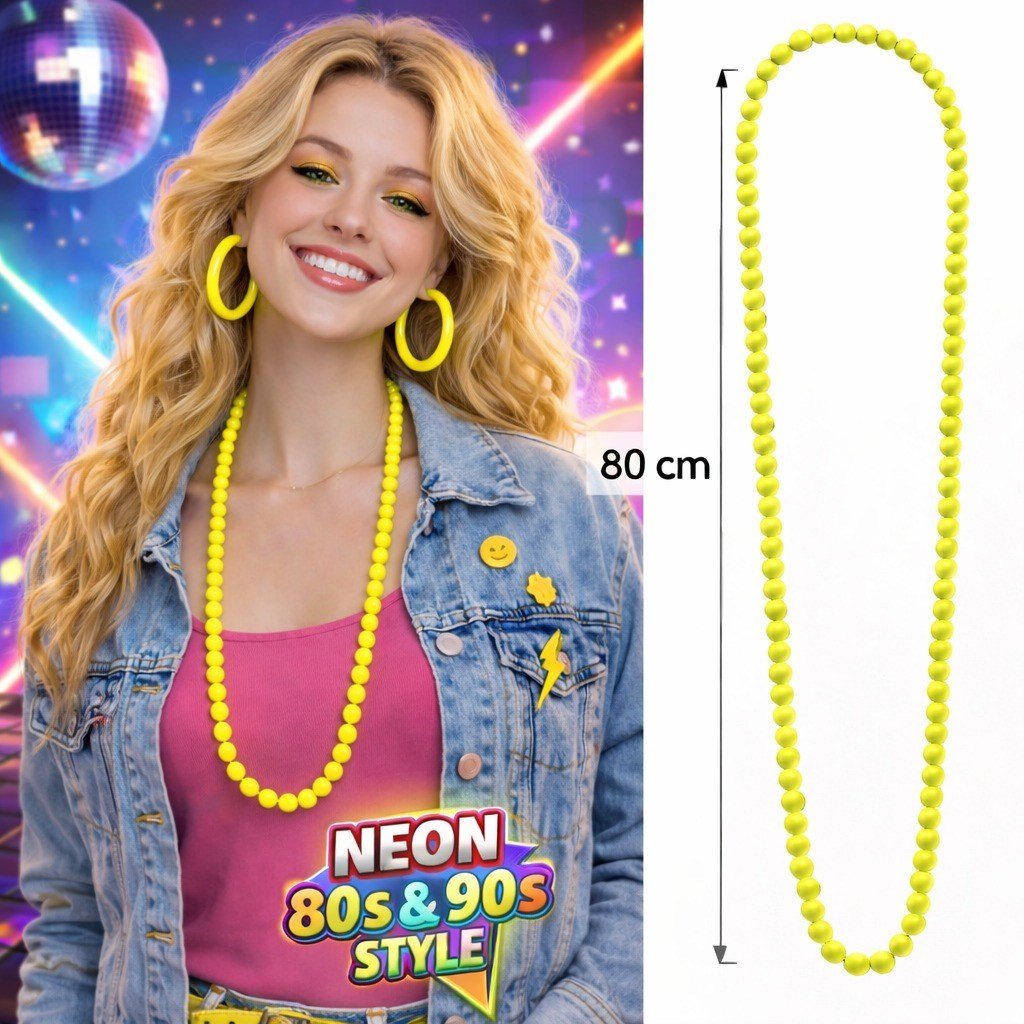 Neon Sarı Boncuk Kolye 80 cm – Retro 80’ler 90’lar Parti Aksesuarı (5293)