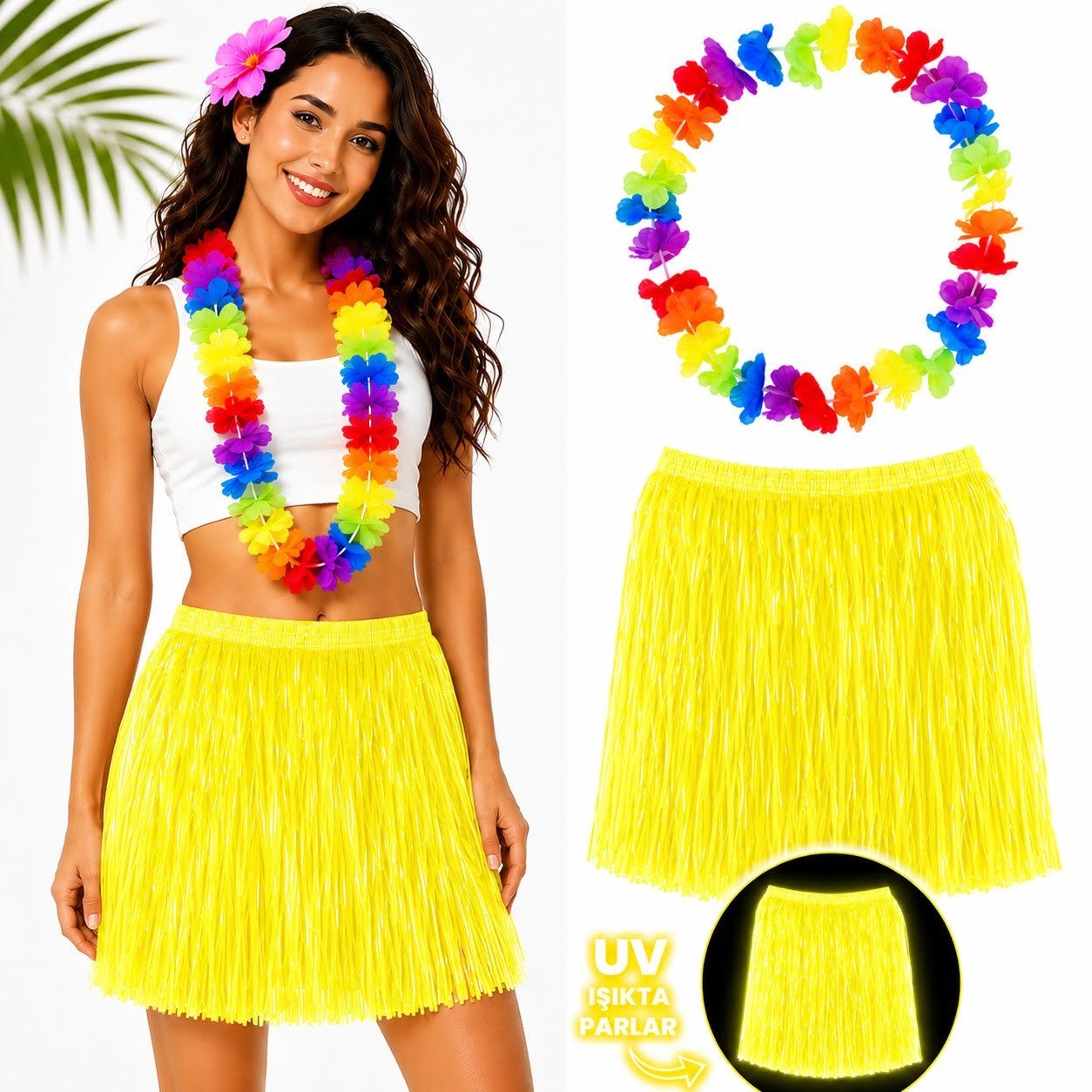Neon Sarı Hawaii Etek 40 cm ve Rengarenk Hawaii Kolye (5293)