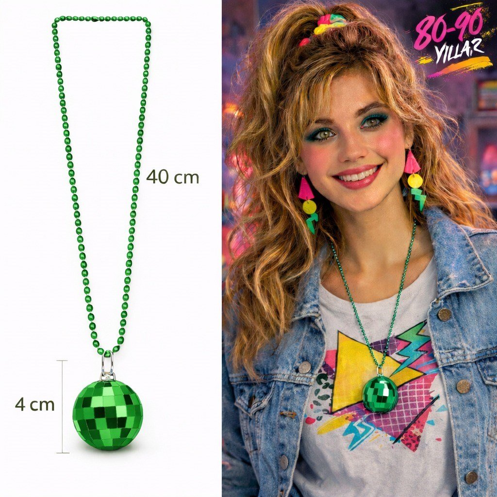 Retro Disko Topu Şekilli 80'ler 90'lar Yeşil Renk Plastik Kolye (5293)