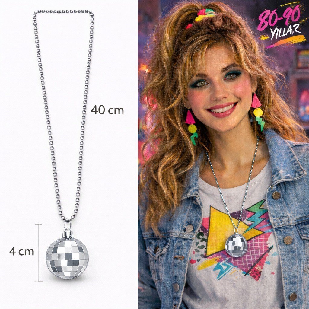 Retro Disko Topu Şekilli 80'ler 90'lar Gümüş Renk Plastik Kolye (5293)