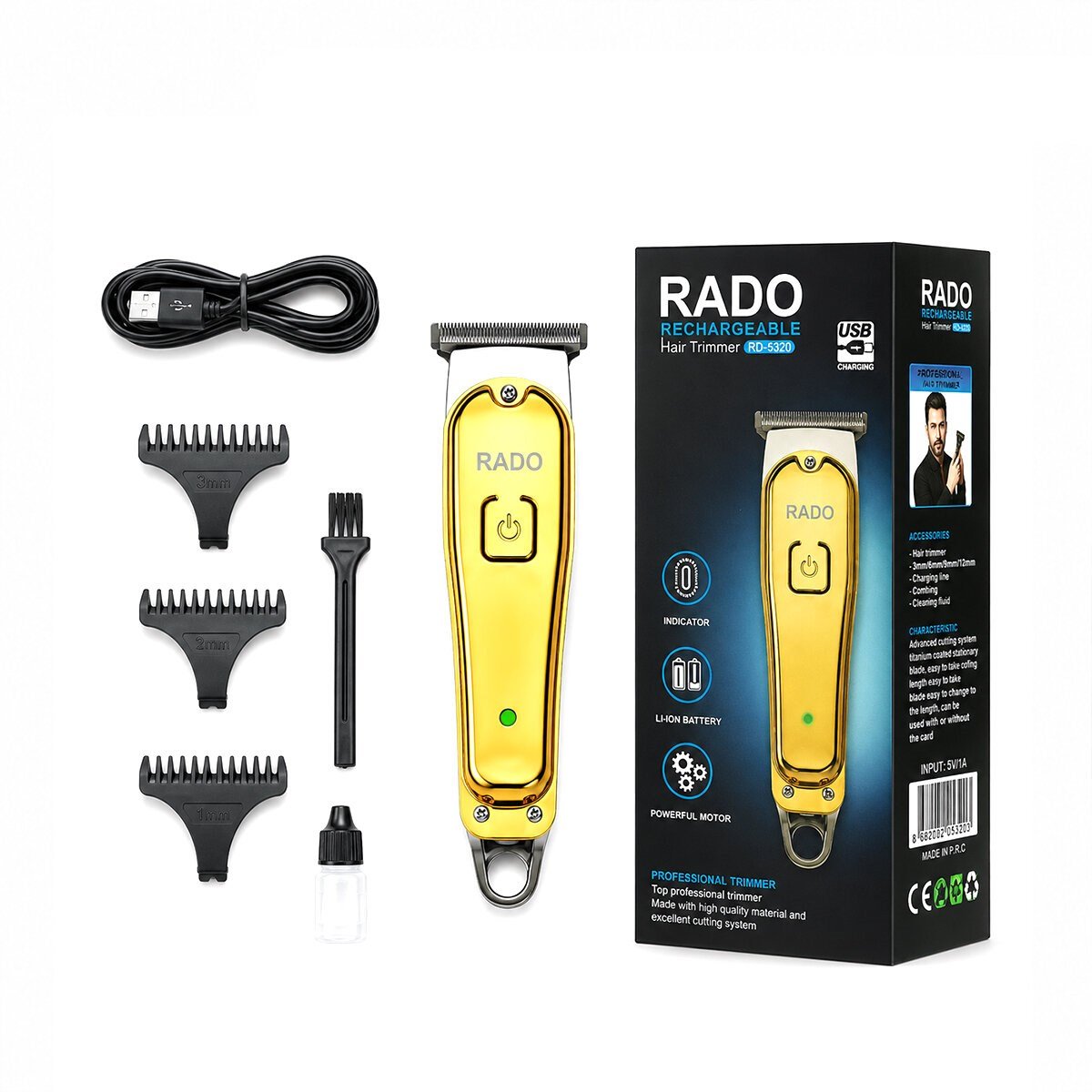 SARI METAL KAPLAMA - USB SARJLI - T BIÇAK 3 KESİM TARAK - YAĞ ŞİŞE - TEMİZLEME FIRÇA SAÇ SAKAL KESME - TRAŞ MAKİNE RD-3638 (5293)