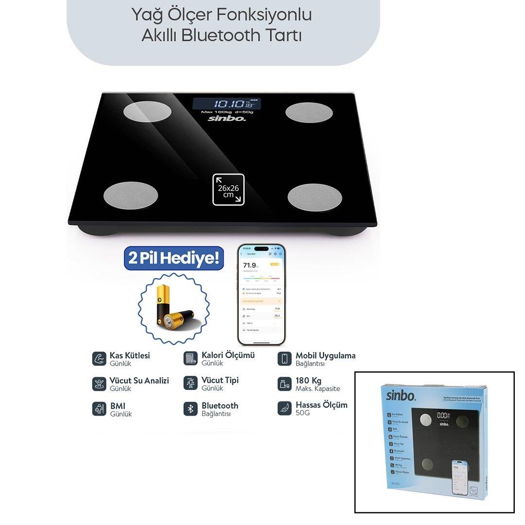 SİYAH YAĞ ÖLÇER AKILLI BLUETOOTH CAM BASKÜL PİLLİ 180KG/50GR 26X26CM 8-KİŞİ HAFIZA LCD EKRAN ℃ GÖSTERGE SBS-4470 (5293)