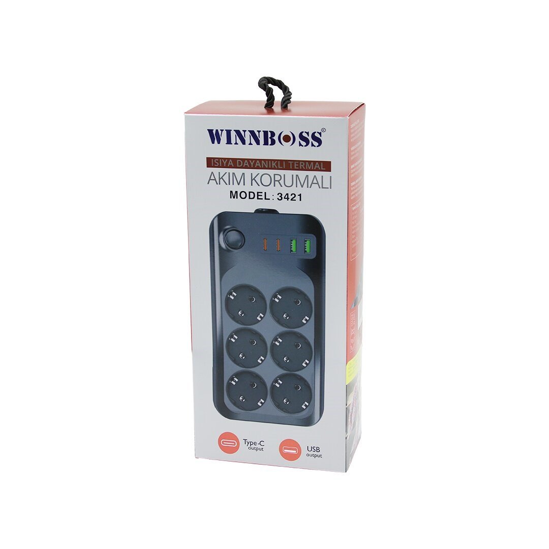 TERMAL AKIM - KISA DEVRE KORUMALI 6LI PRİZ 2+2 USB-TYPE-C -  2 METRE ANAHTARLI UZATMA KABLO 16A - 4000W (5293)