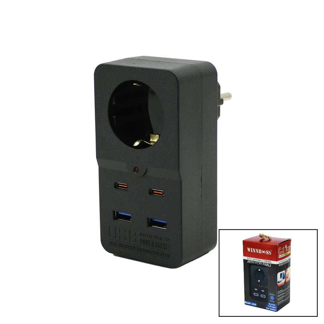 TERMAL AKIM KORUMALI  1XPRİZ 2X USB 2X TYPE-C DUVAR TİPİ PRİZ SİYAH 10A - 2500W (5293)