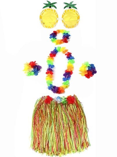 Yetişkin ve Çocuk Uyumlu Luau Aloha Hawaii Rengarenk 40 cm Etek Ananas Şekilli Gözlük Hawaii Kolye Renkli Taç ve 2 Adet Bileklik Seti (5293)
