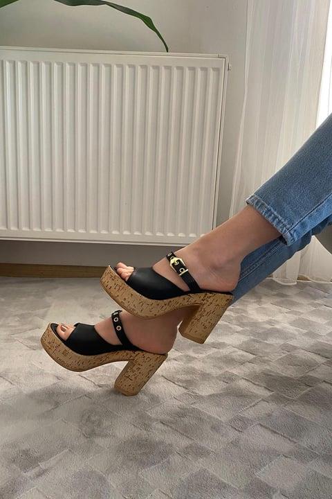 Kadın Tena Mantar Taban Platform Topuklu Terlik 10 Cm  SND456  Siyah