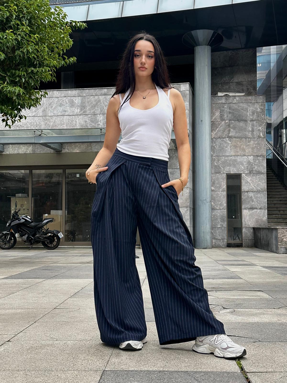SILVY Pileli Çizgili Yüsek Bel Lacivert Kumaş Pantolon