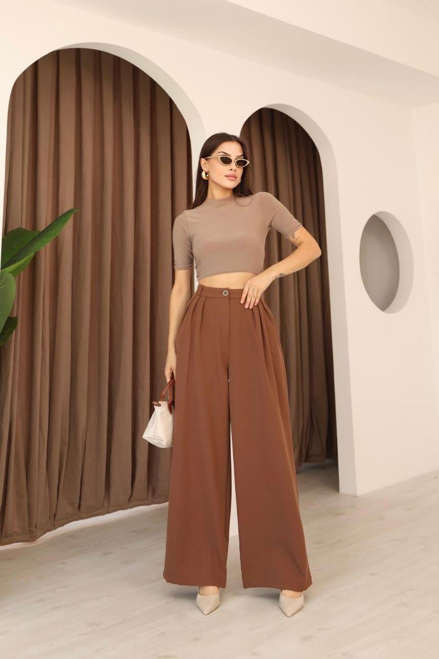 Kadın Camel 3 Pileli  Palazzo Kumaş Pantolon  Bol Paça - Yüksek Bel