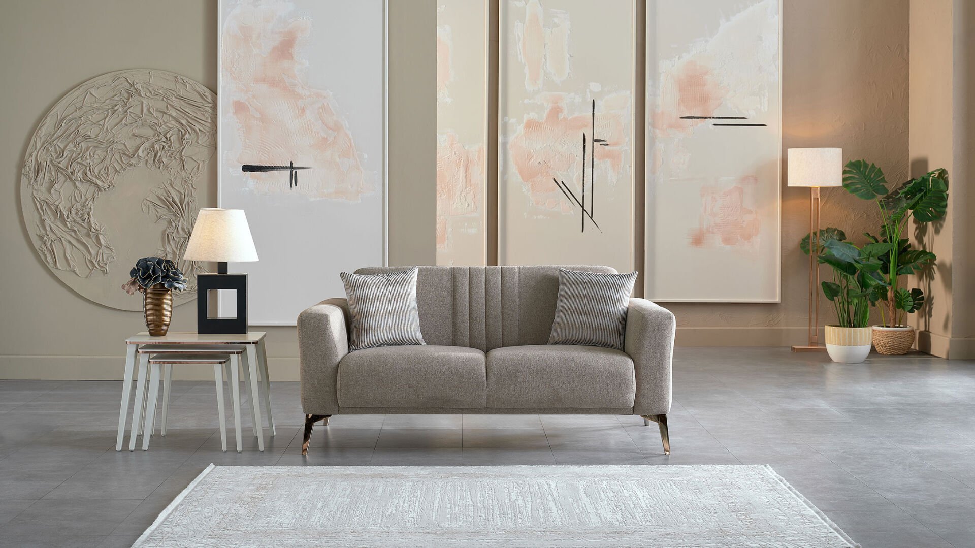 Nadia İkili Koltuk - Vizon - Bronz Renk Ayak