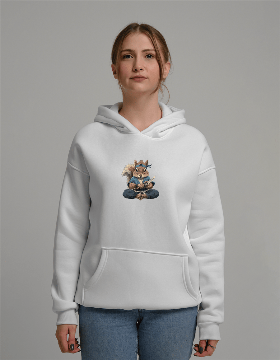 Bıçaklı Samuray Sincap Baskılı Unisex Kapüşonlu Sweatshirt
