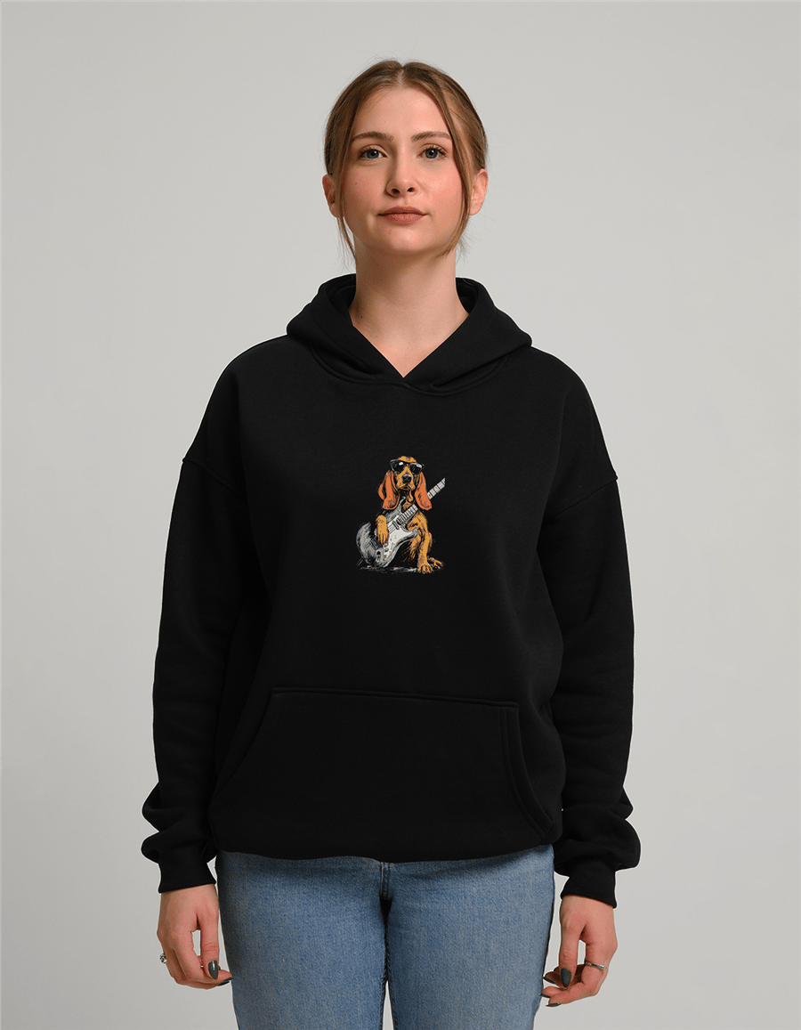 Gitarlı Köpek Baskılı Unisex Kapüşonlu Sweatshirt