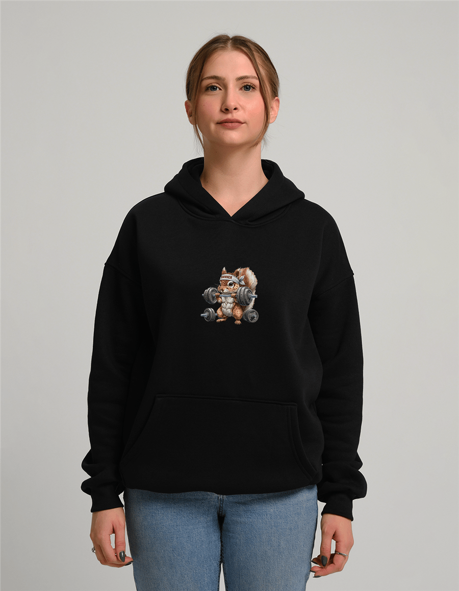 Halterci Sincap Baskılı Unisex Kapüşonlu Sweatshirt