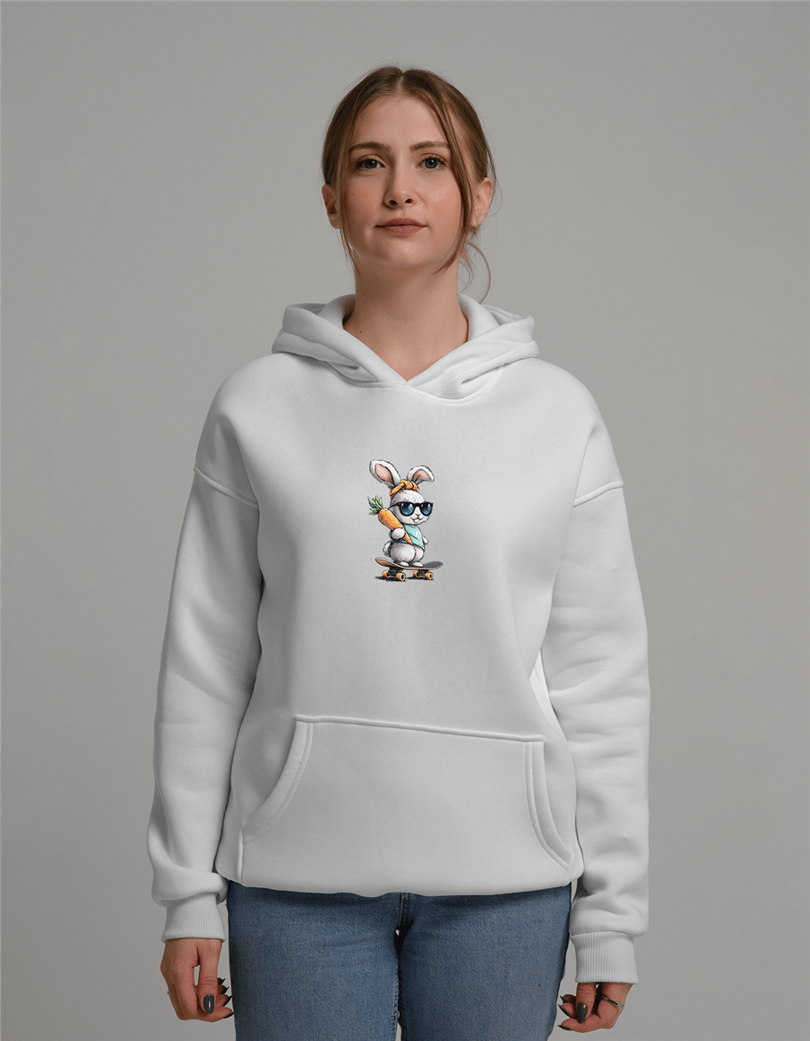 Kaykaylı Tavşan Baskılı Unisex Kapüşonlu Sweatshirt