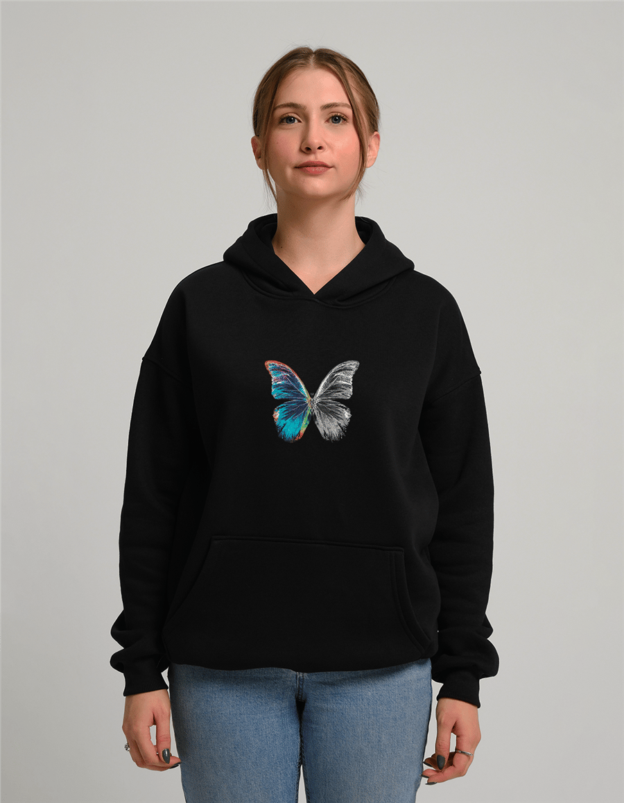 Kelebek Baskılı Unisex Kapüşonlu Sweatshirt