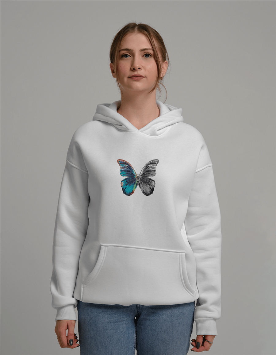 Kelebek Baskılı Unisex Kapüşonlu Sweatshirt