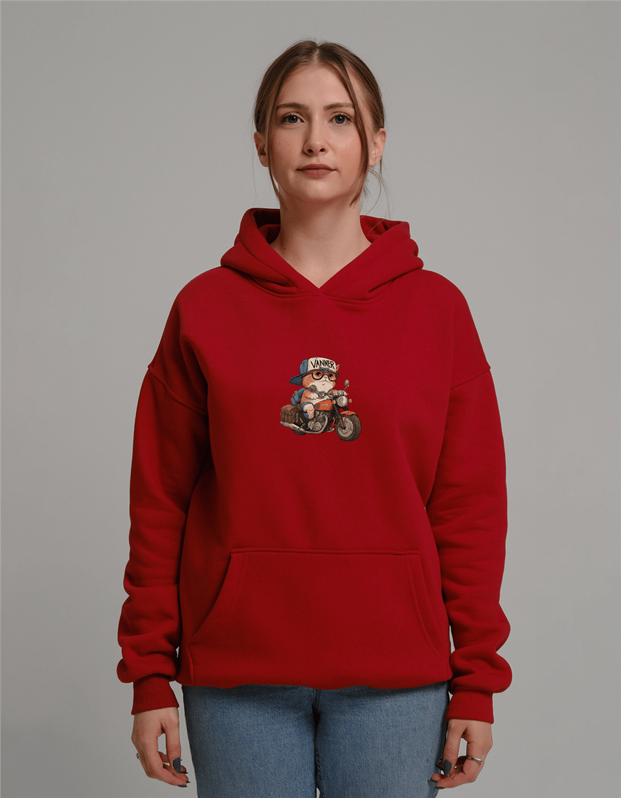 Motorcu Kedi Baskılı Unisex Kapüşonlu Sweatshirt