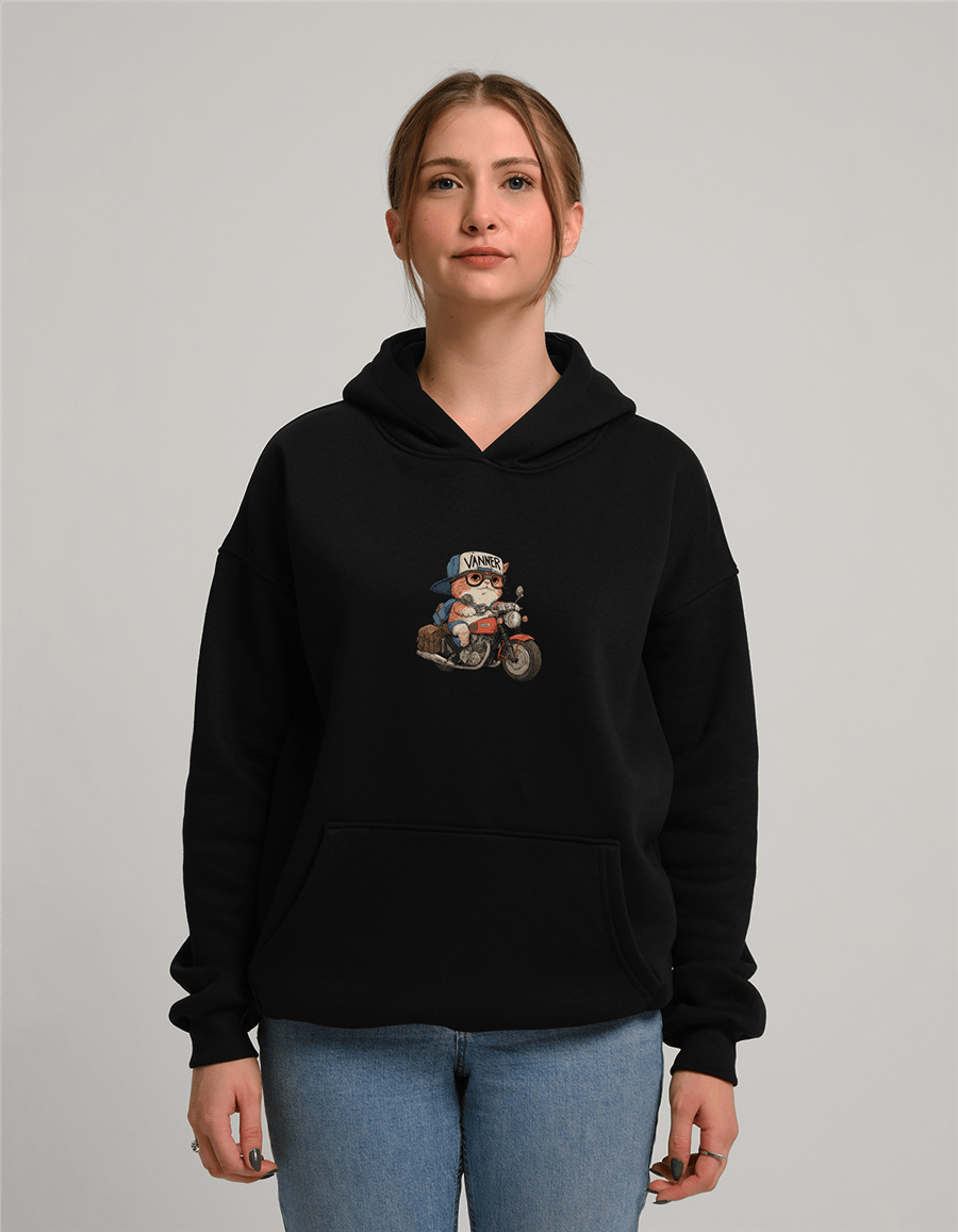 Motorcu Kedi Baskılı Unisex Kapüşonlu Sweatshirt