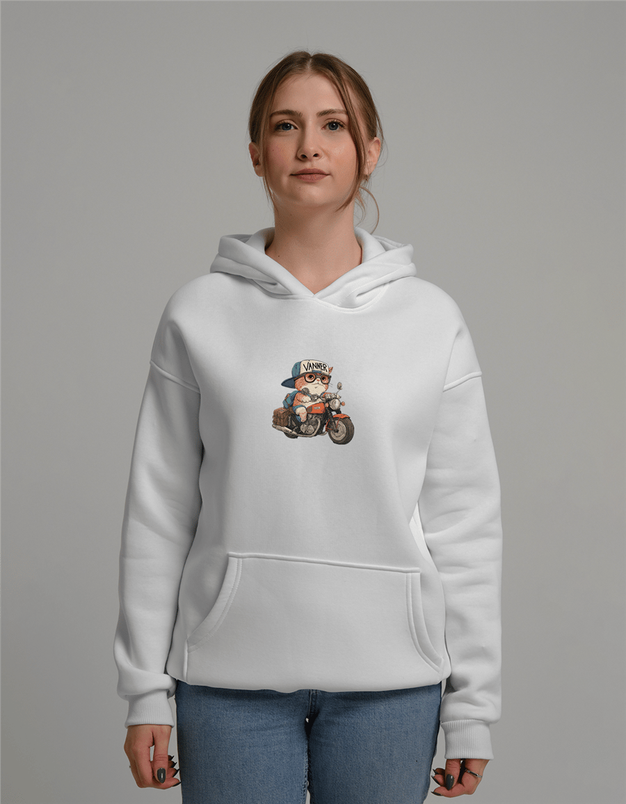 Motorcu Kedi Baskılı Unisex Kapüşonlu Sweatshirt