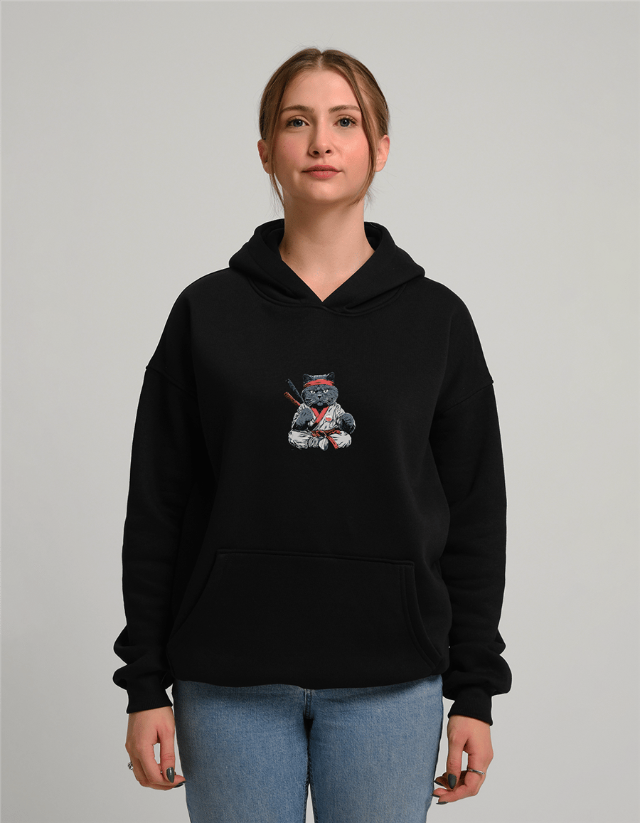 Samuray Kedi Baskılı Unisex Kapüşonlu Sweatshirt