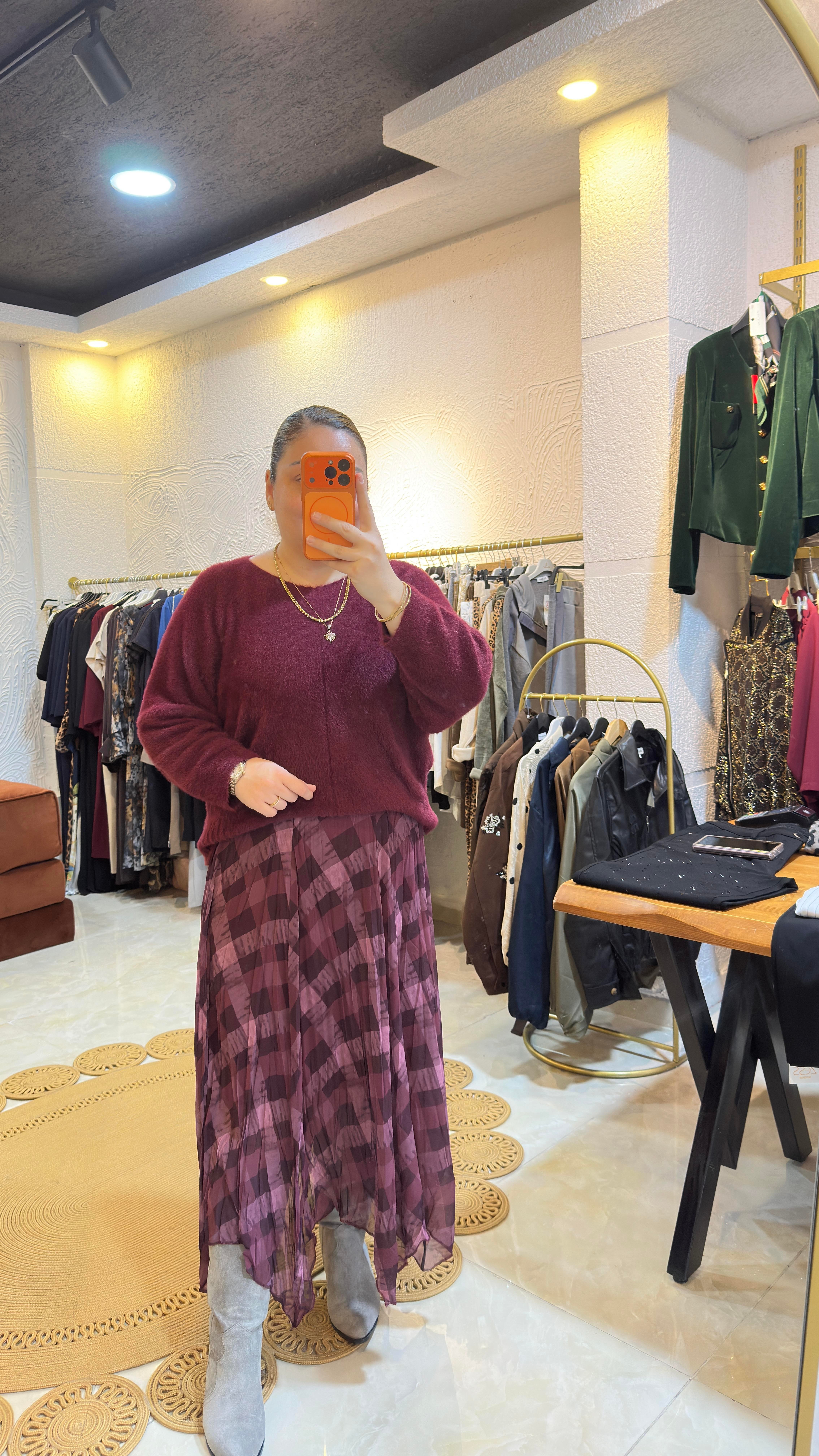 Şifon Ekose Desen Bordo Etek