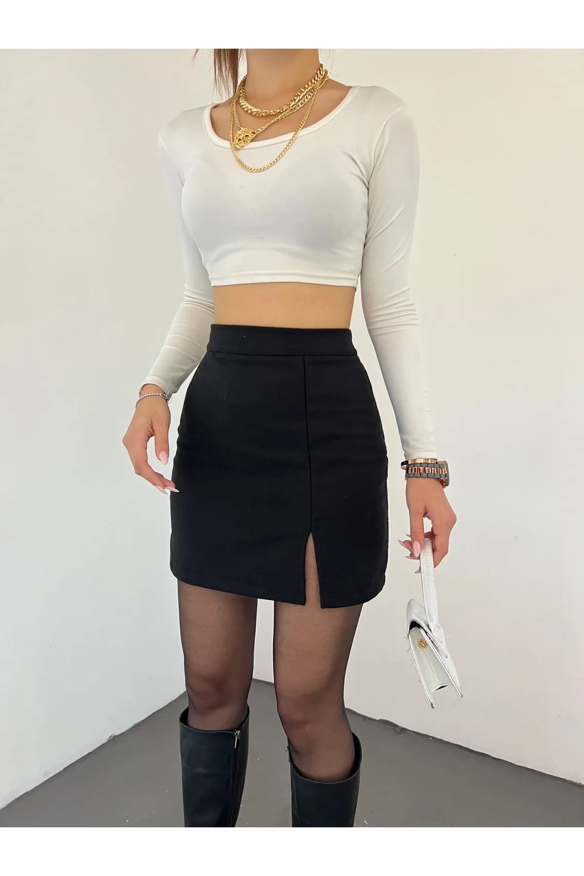 10 NUMARA MODA Kadın Siyah Esnek Kumaş Yırtmaçlı Mini Etek 10NMR4171