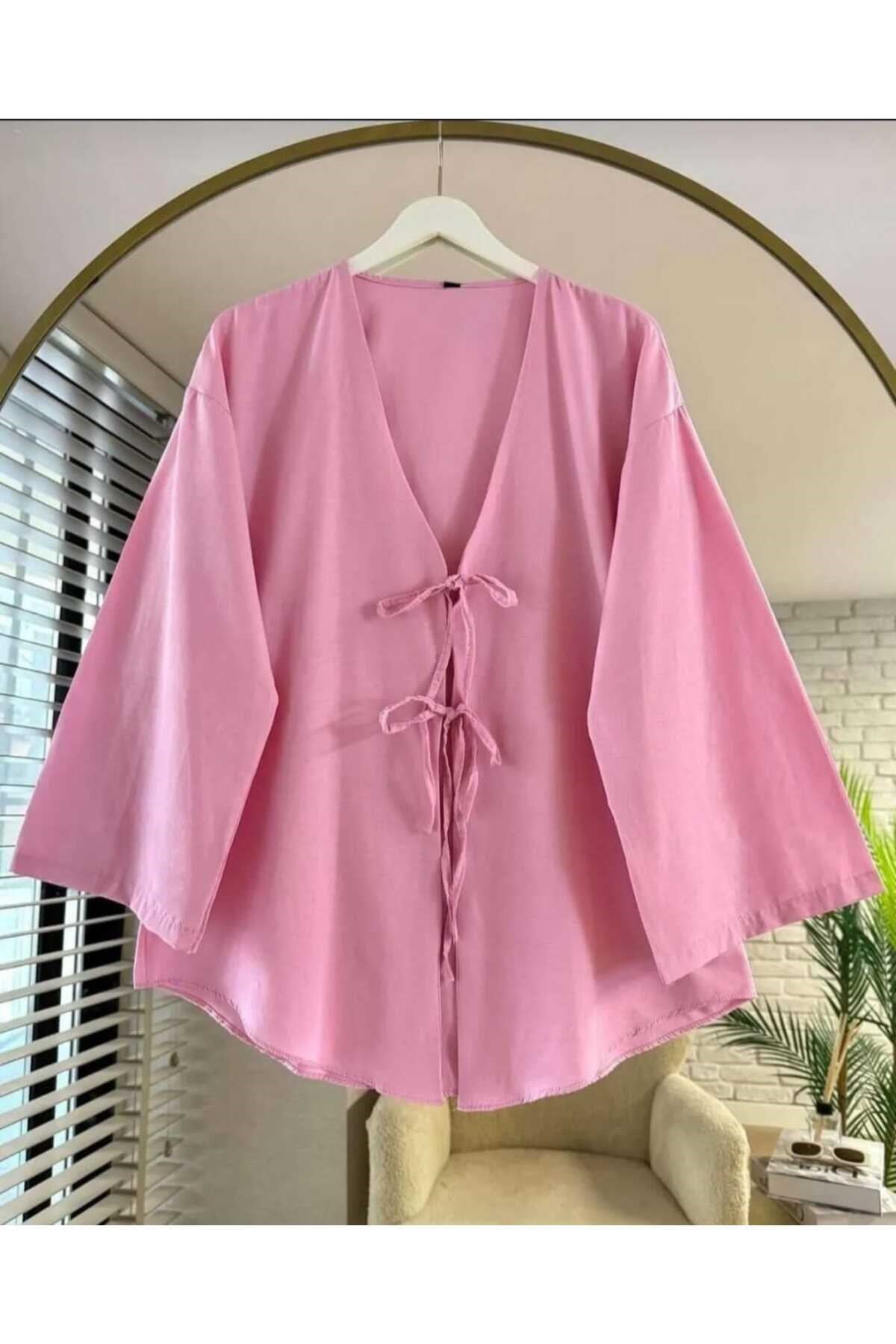 Önü Bağlamalı Kimono Tunik Pembe Oversize Yeni Sezon Rahat Kalıp