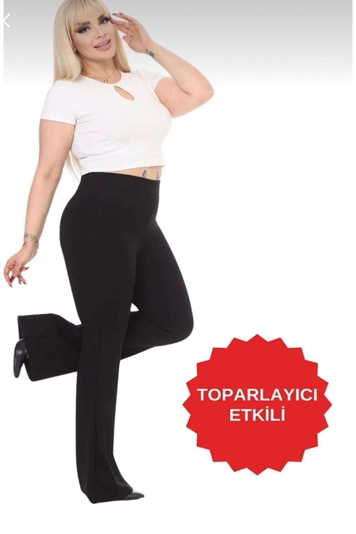 Siyah Büyük Beden Ispanyol Paça Dalgıç Kumaş Toparlayıcı Tayt Pantolon