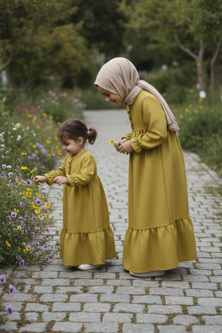 Kız Çocuk Keten Elbise - Mihri Model Uzun Tesettür Elbise Sarı
