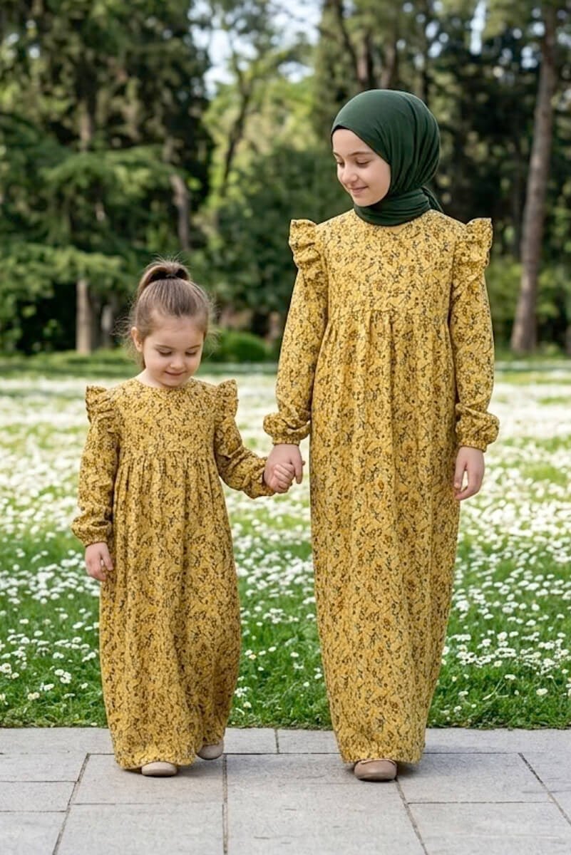 Kız Çocuk Tesettür Elbise - Amine Model Viskon Pamuklu Tam Boy Sarı - Betül Akbay