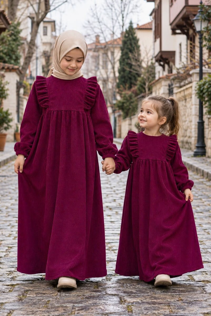 Kız çocuk kadife tesettür elbise Hüma Model bordo