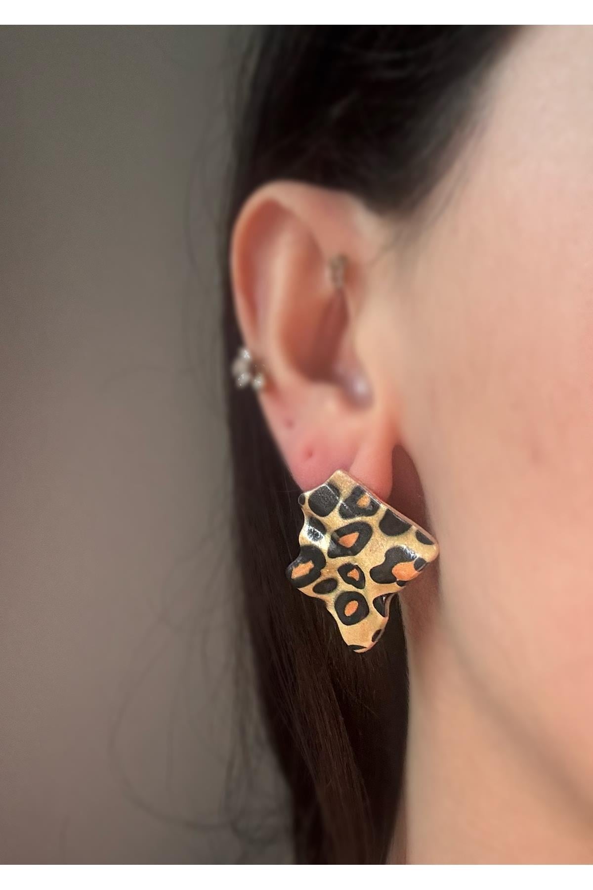 Kadın Yeni Sezon Geometrik Leopar Küpe