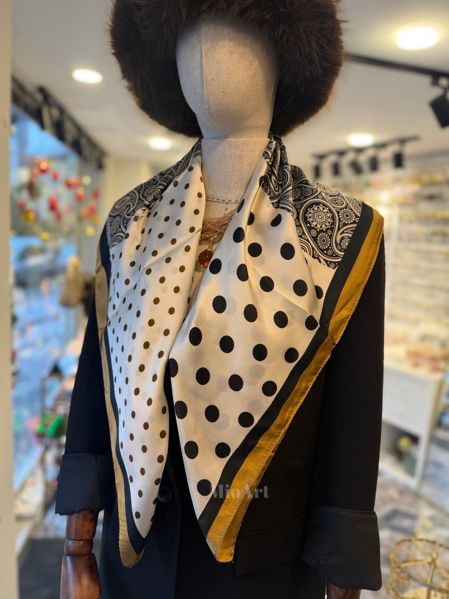 Puantiye Desenli Safran İthal Çift Taraflı Bandana Fular 