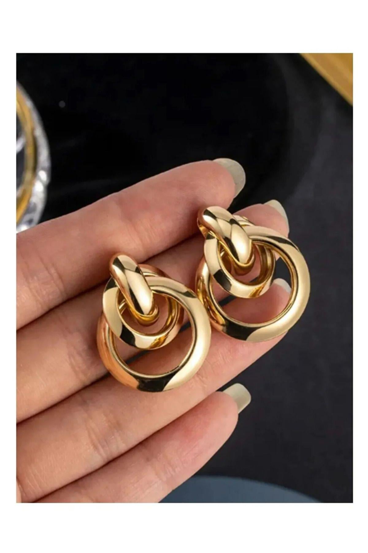 Trend Kadın Lüks Gold Renk Iç Içe Daire Küpe (Küçük Model)