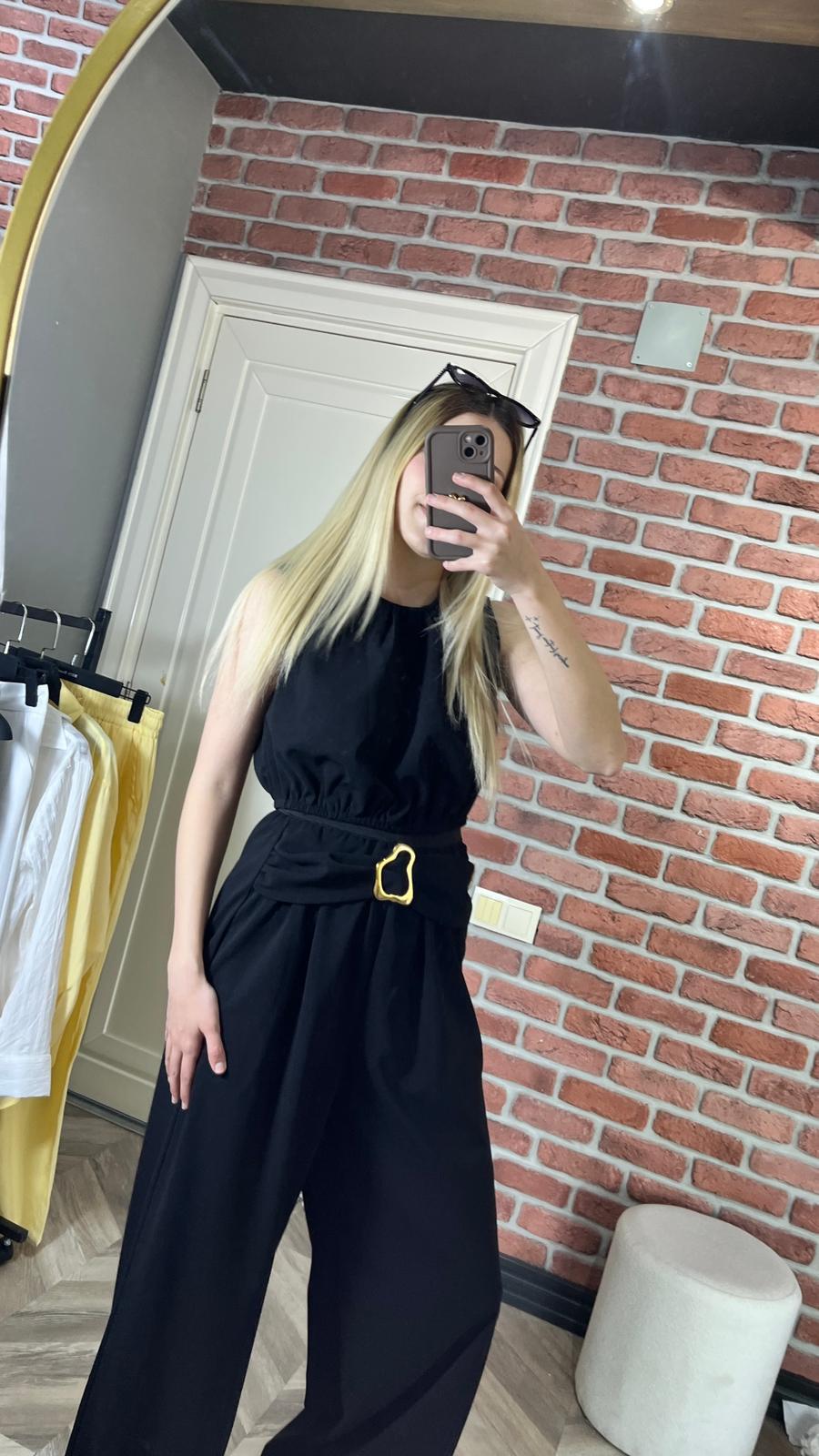 crop üst ile kemer detaylı yuksek bel pantolon