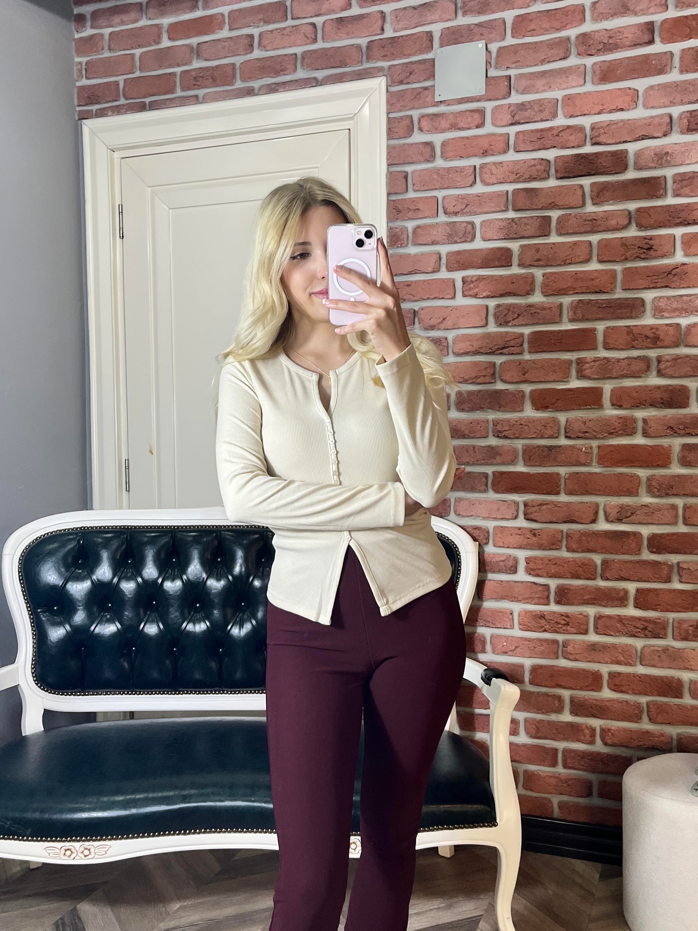 Kadın Bordo Paça Düğme Detaylı Yüksek Bel Tayt