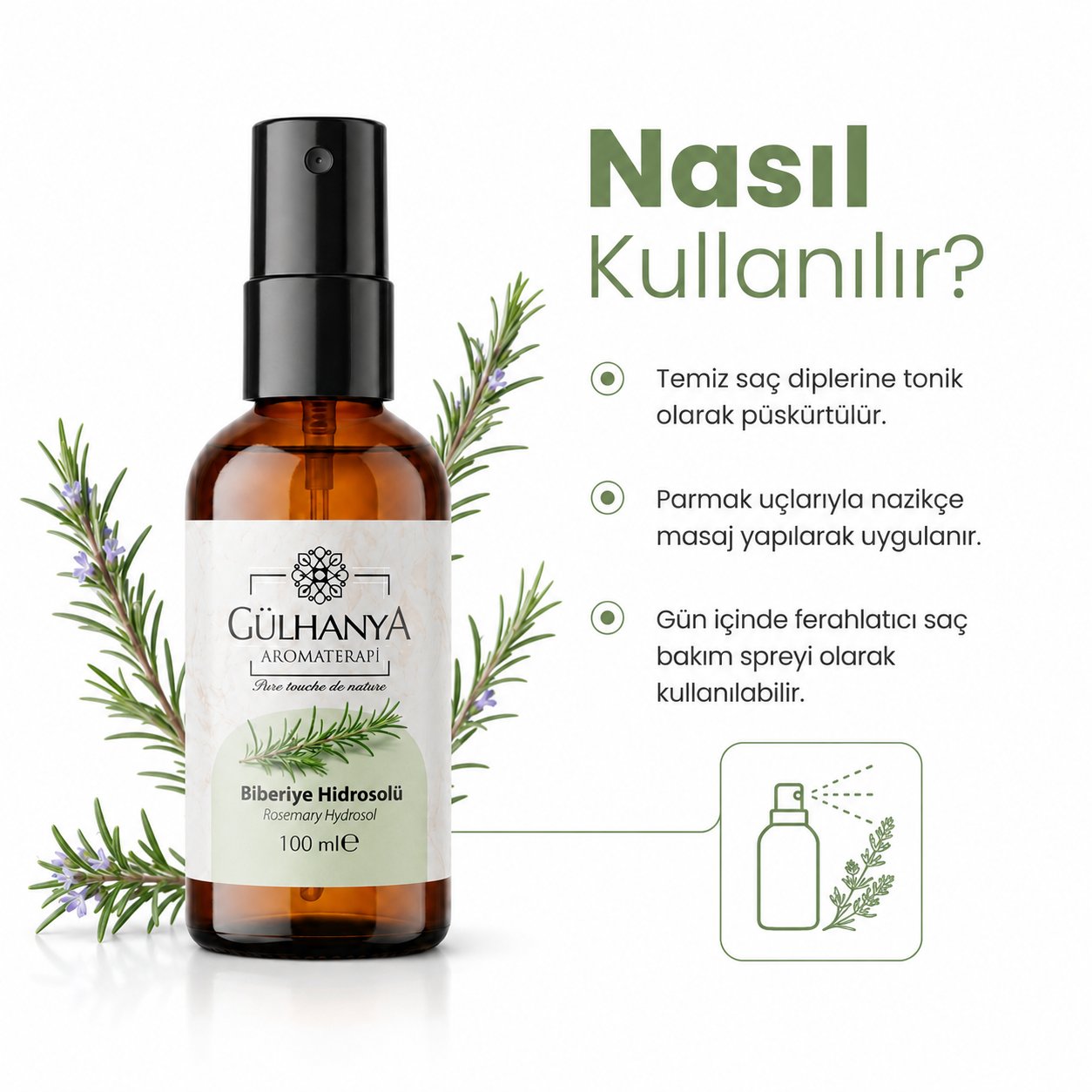 Biberiye Hidrosolü 100ml (Biberiye Suyu Güçlendirici Saç Toniği)