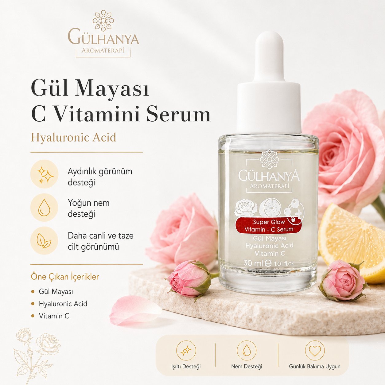 Gül Mayası ve C Vitamini içerikli Aydınlatıcı - Leke Karşıtı Serum