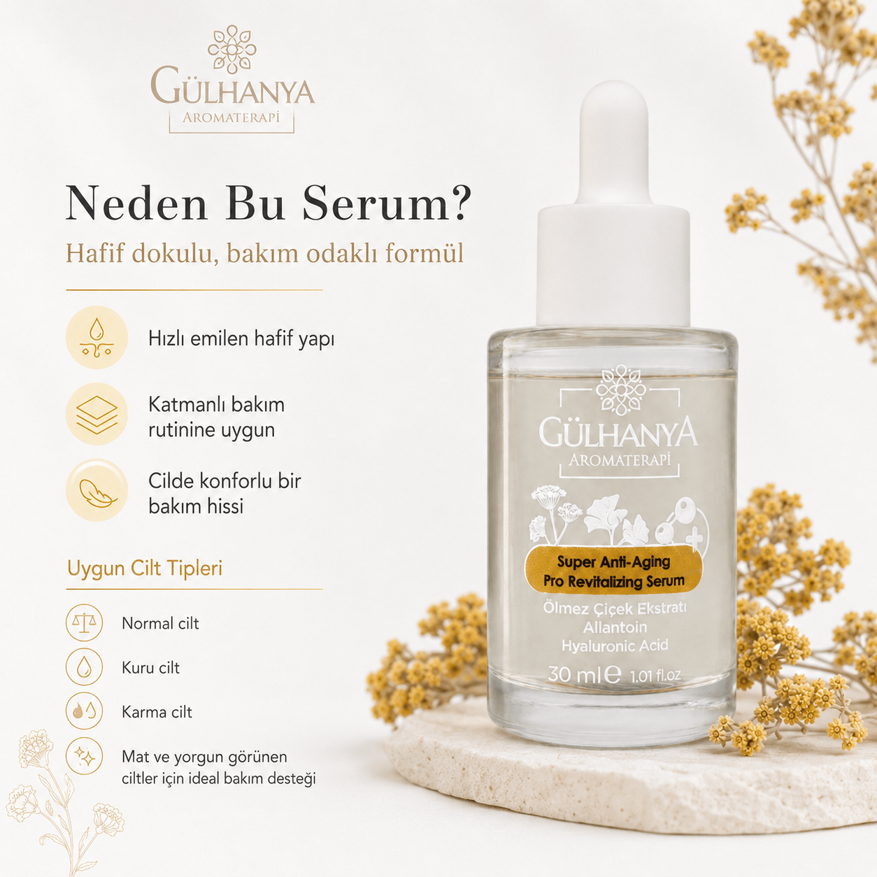 Ölmez Çiçek - Hyalüronik Asit ve Allantoin içerikli Gözenek Sıkılaştırıcı Serum 