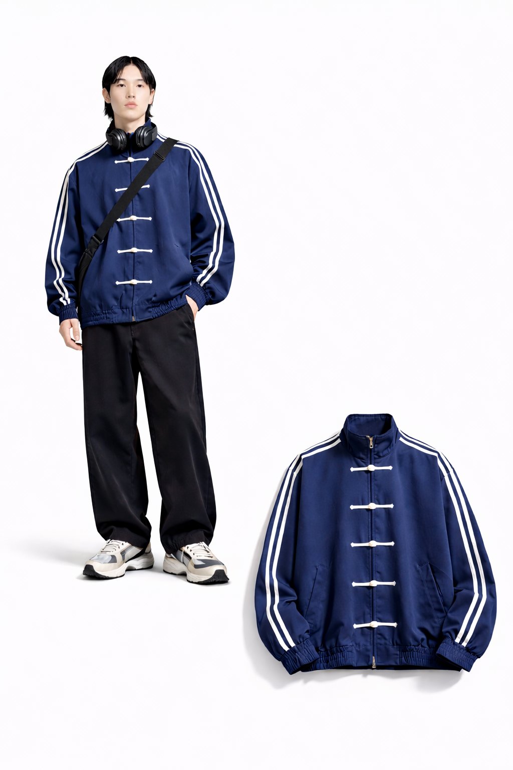 Çin Düğmeli Oversize Unisex Ceket ( lacivert )